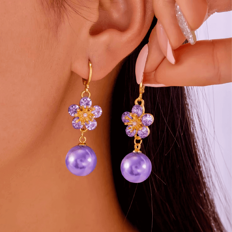 Aretes Flor Perla Purple + Obsequio