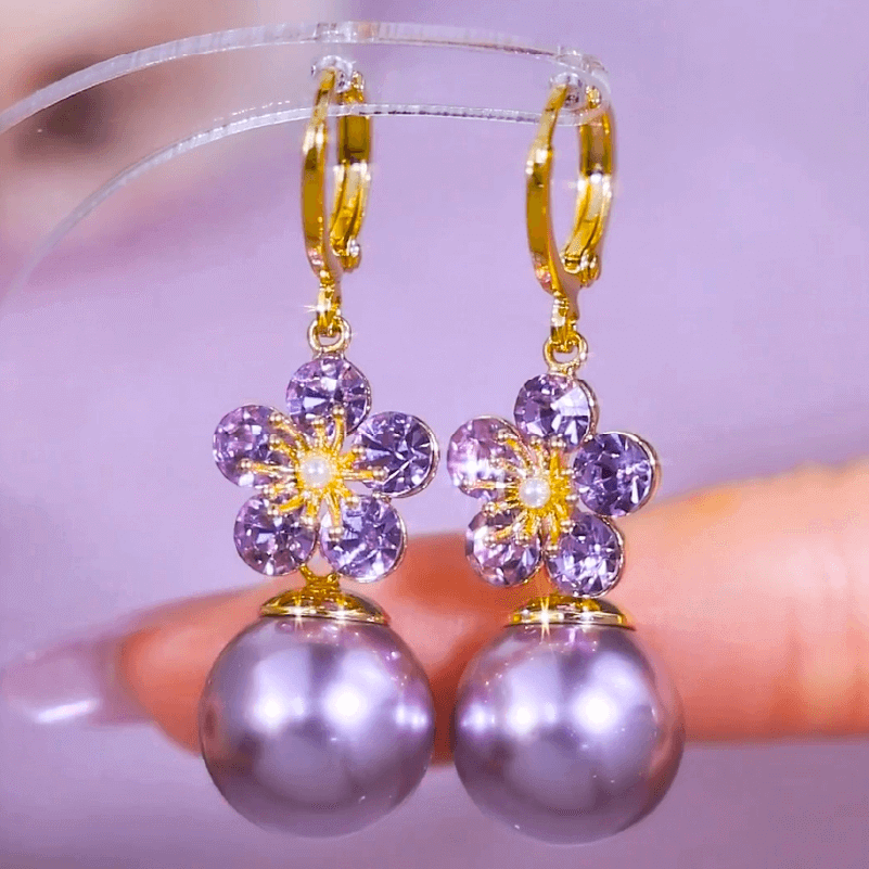 Aretes Flor Perla Purple + Obsequio
