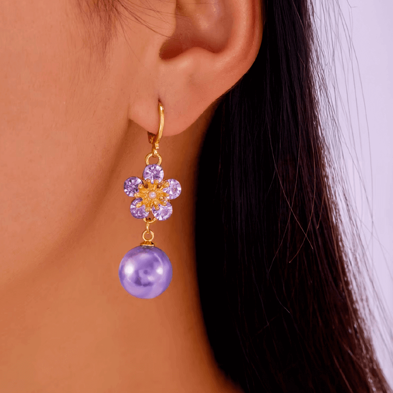 Aretes Flor Perla Purple + Obsequio