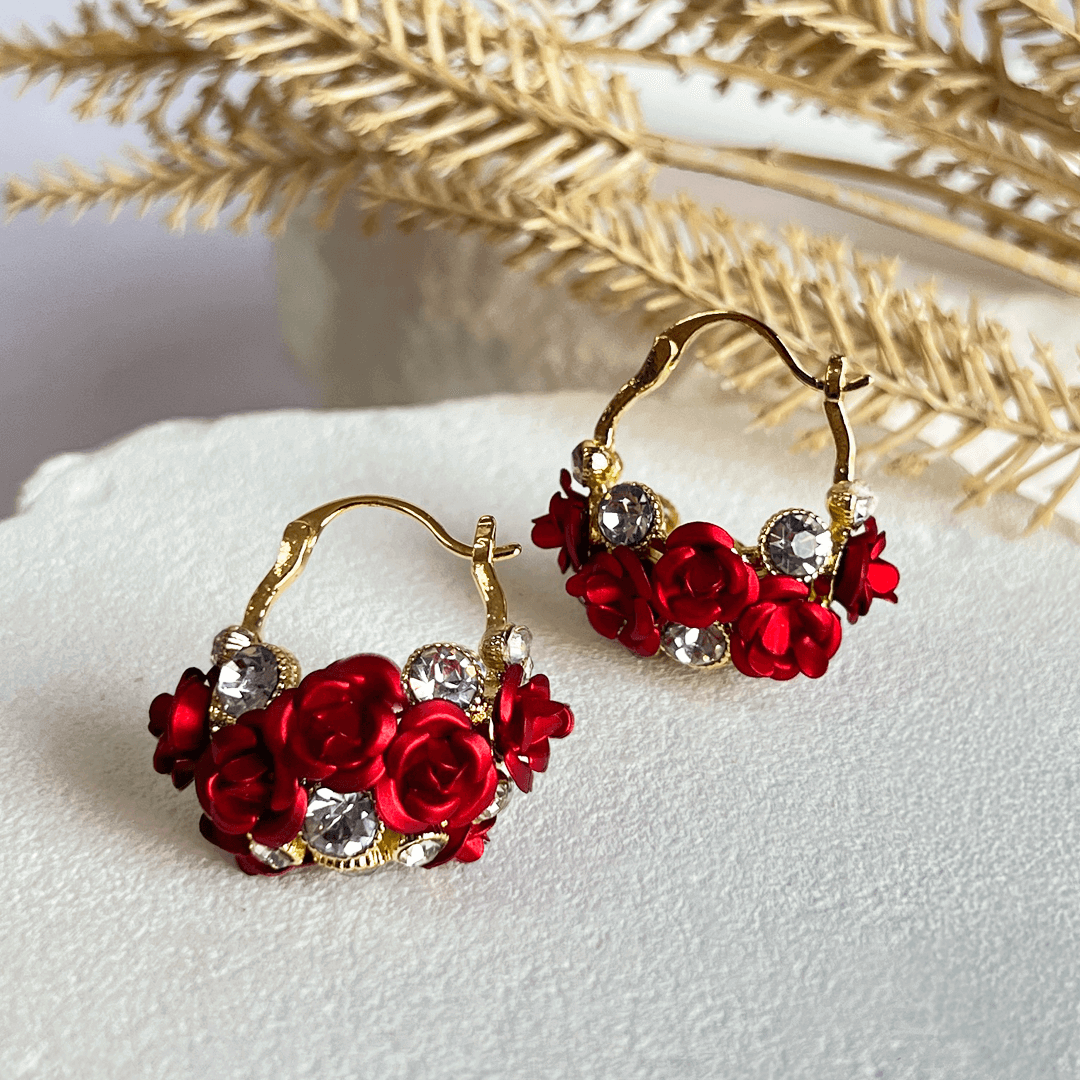 Aretes Cesta de Flores Rojas
