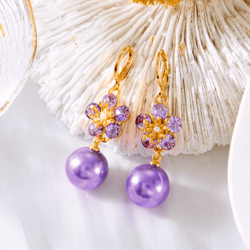 Aretes Flor Perla Purple + Obsequio