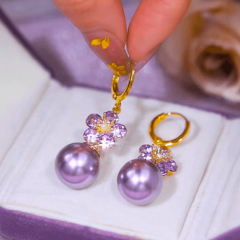 Aretes Flor Perla Purple + Obsequio